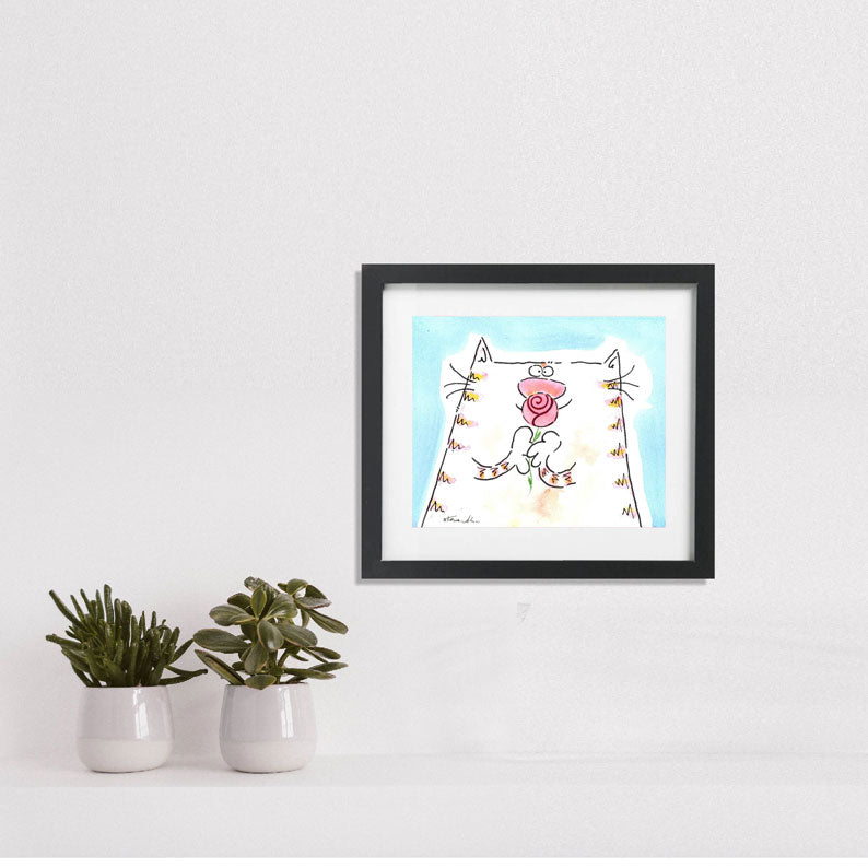Cat with rose. Small unframed artwork