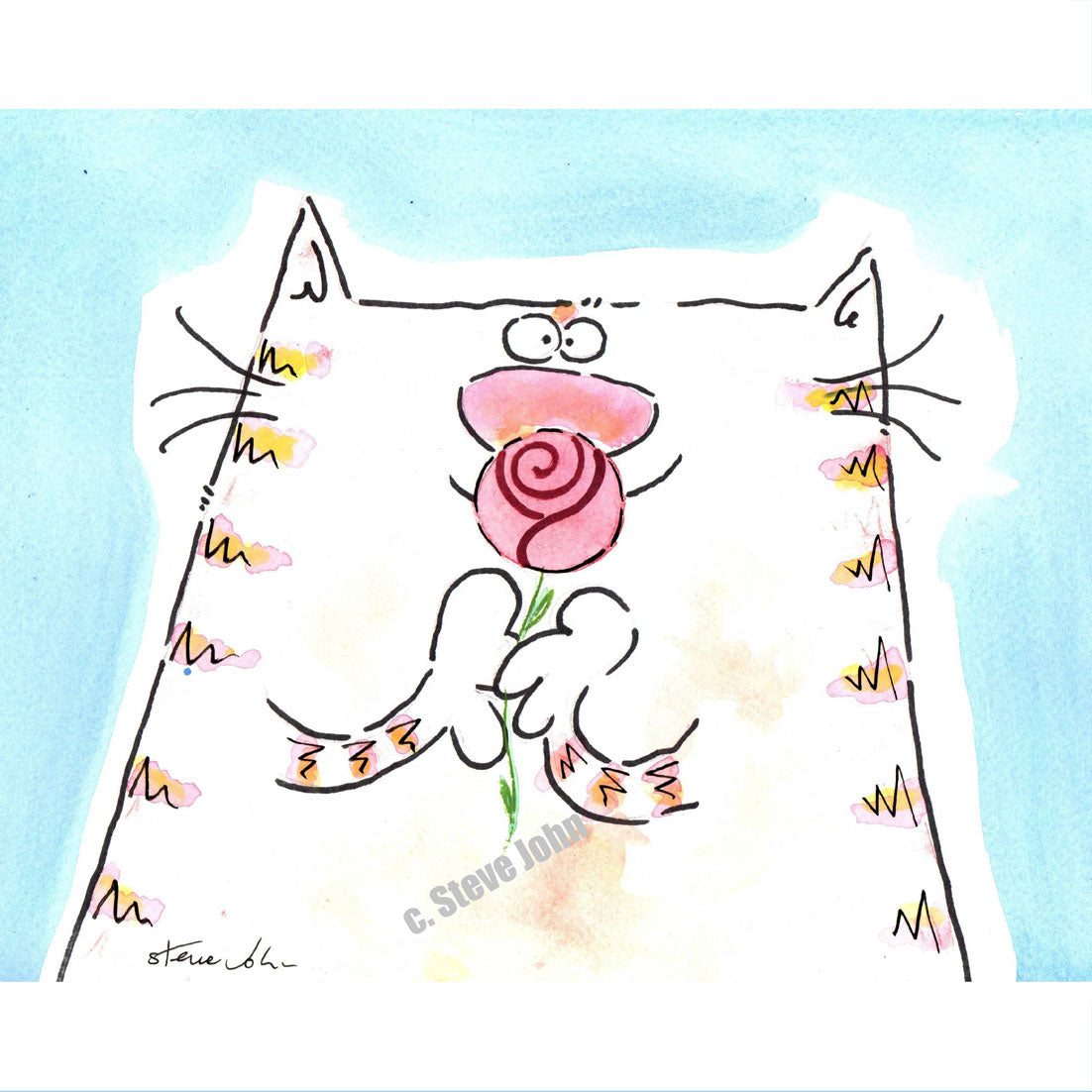 Cat with rose. Small unframed artwork