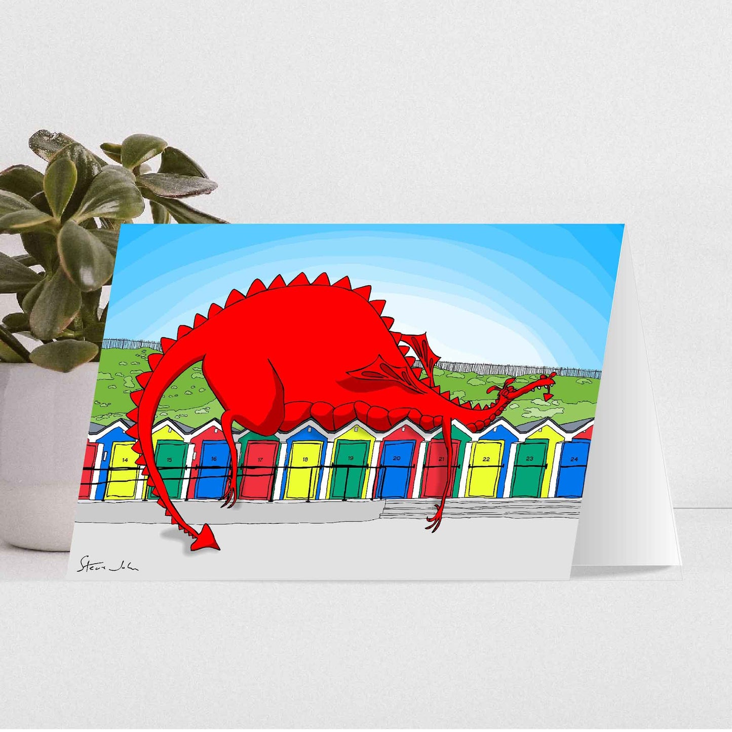 Dragon on the huts at Barry Island Card