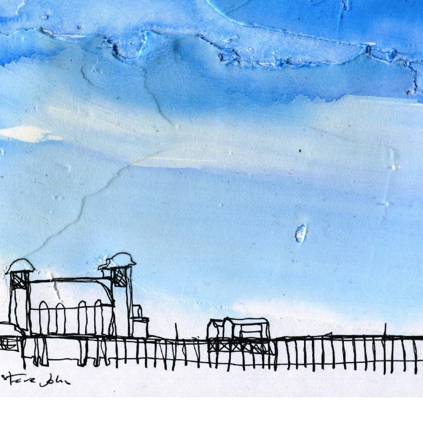 Sculptural sky Penarth Pier. 8" by 6" print, mounted