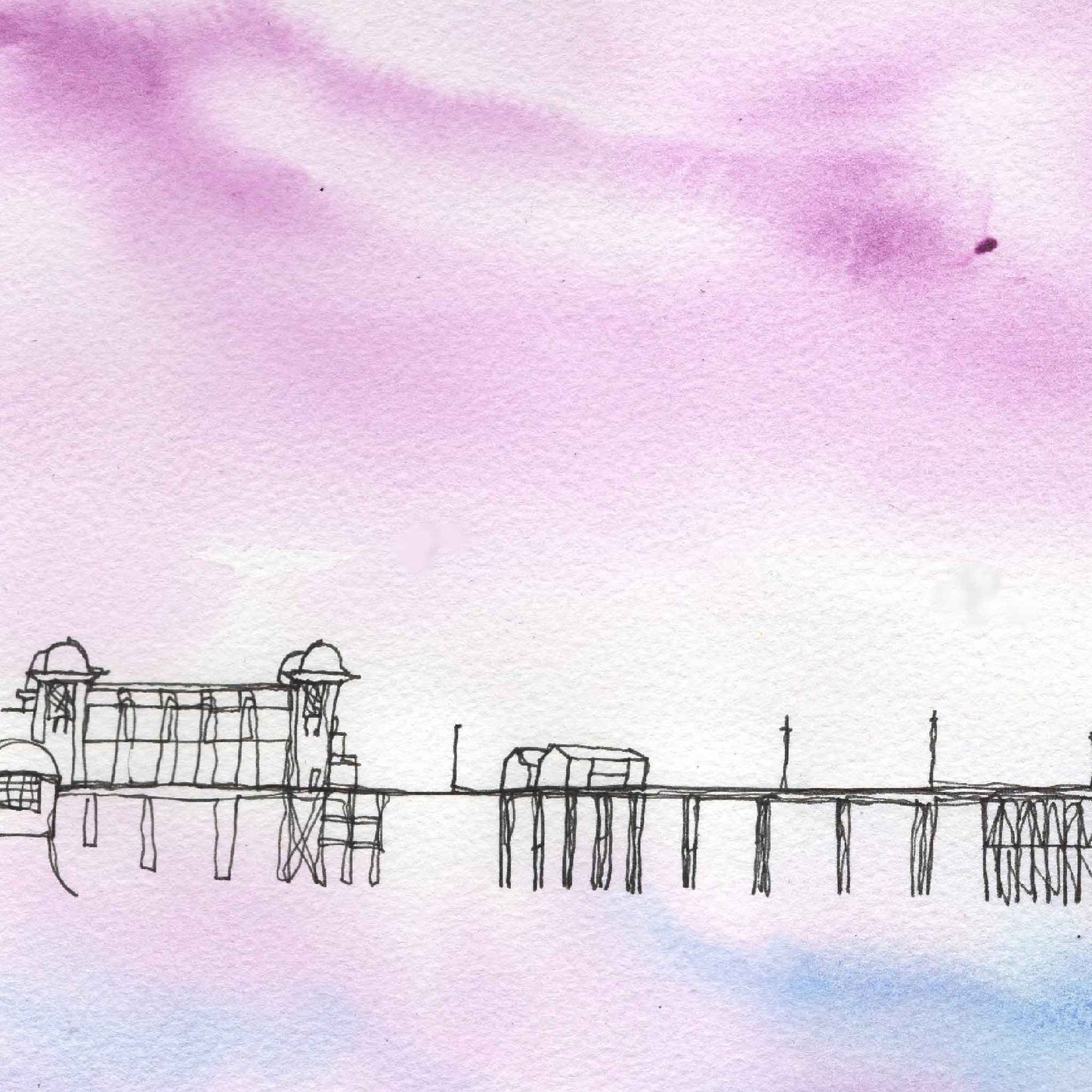 Pink sky over Penarth Pier sculptured sky. 8" by 6" print, mounted