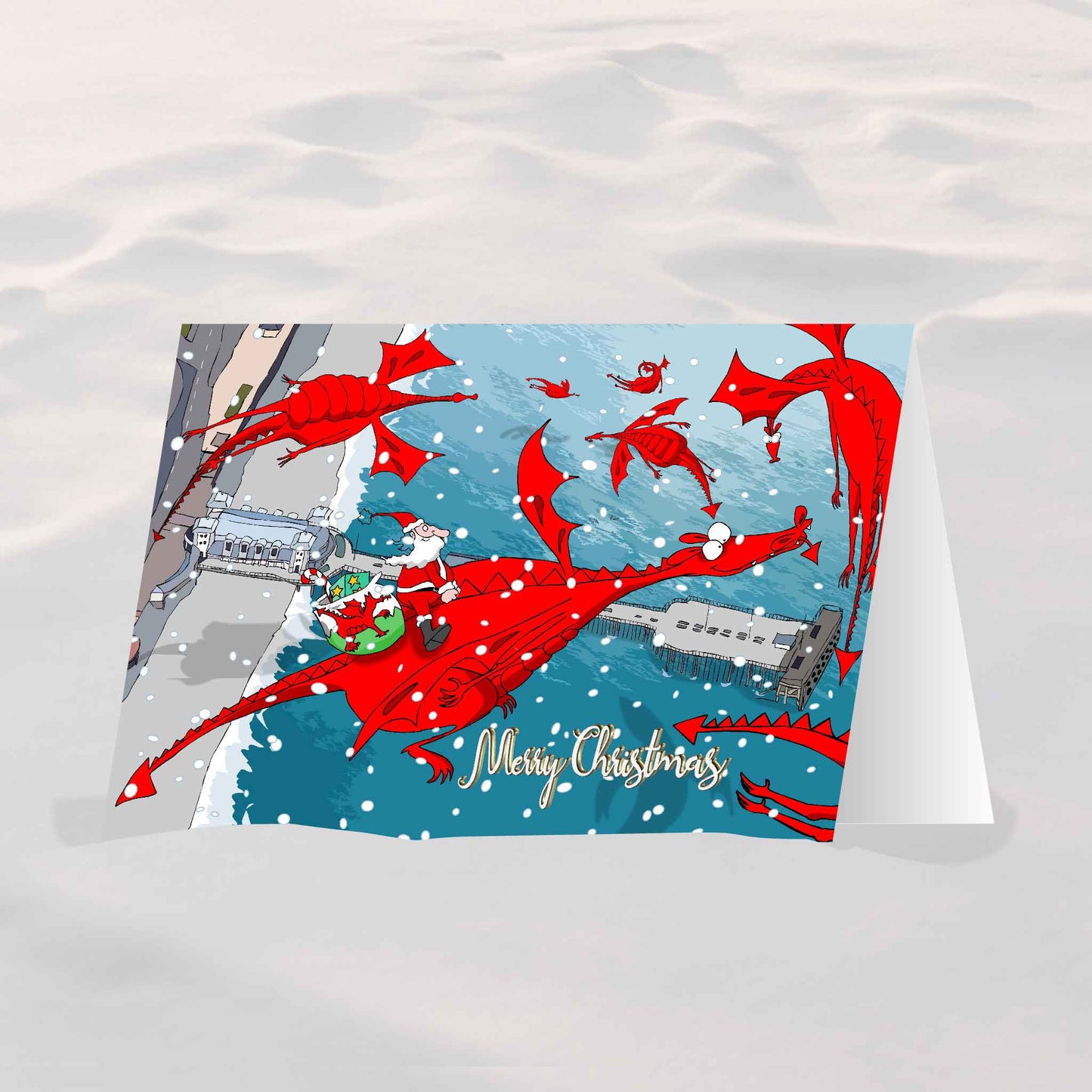 Santa over Penarth Pier with dragons Card