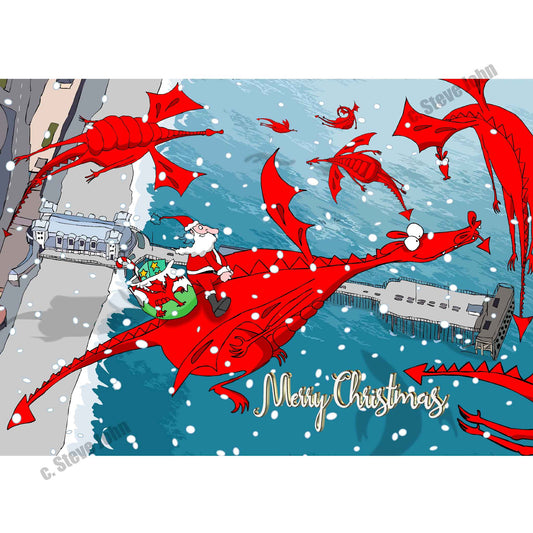 Santa over Penarth Pier with dragons Card