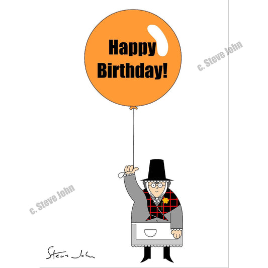 Welsh lady holding birthday balloon card